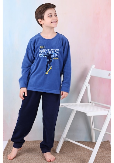 Yeni Sezon Sonbahar/kış Erkek Çocuk Skate Desenli Polar Pijama Takımı 4515 Mavi