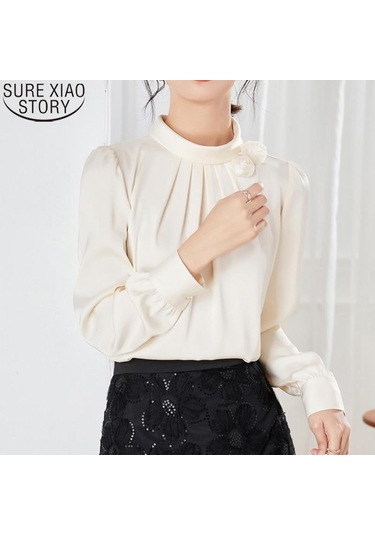 Zarif Ofis Kadın Çiçek Dekorasyon Saten Bluz Şifon Gömlek Kadın Üstleri Sonbahar Standı Yaka Uzun Kollu Elbise 23174 Kayısı Açık Bej