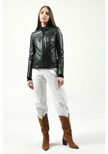 Dericlub Yb-2107 Gerçek Deri Kadın Mont Yeşil