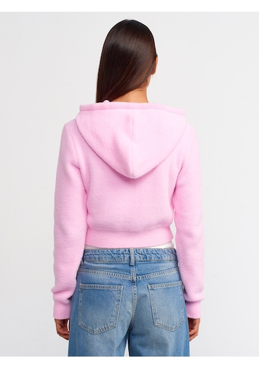 Dilvin Yumuşak Dokulu Kapşonlu Crop Kazak Pembe