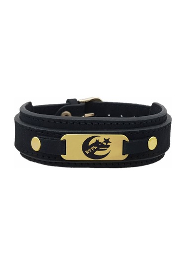 Archin Göktürk Temalı Oval Motifli 14 Ayar Altın Plakalı Doğal Siyah Derili Hediye Bileklik-438sembol Göktürk Sembolü