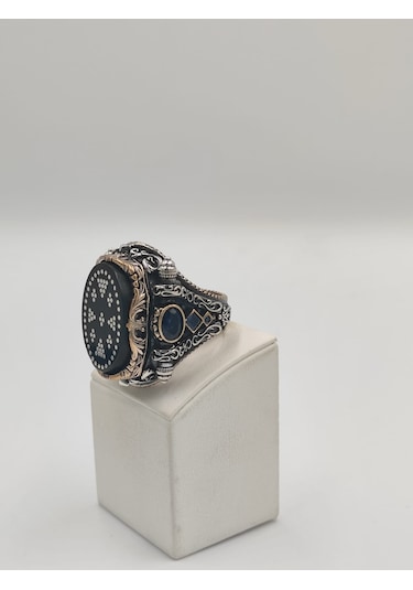 Gümüş Çakımlı Siyah Kehribar Taşlı İslam Usta Eseri 925 Ayar