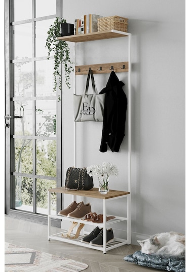 Ruby Vestiyer , Portmanto , Askılık , 3 Raflı Ayakkabılık , Beyaz Metal - Atlantik Çam Tabla
