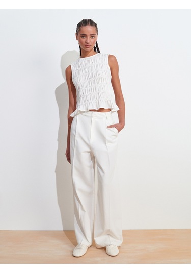 Dilvin 50845 Kolsuz Crop Bluz-ekru Ekru