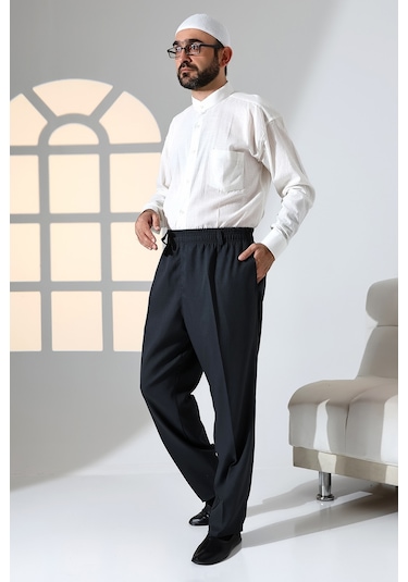Erkek Rahat Kesim Beli Lastikli Cepli Hac Ve Umre Kumaş Şalvar Pantolon - Antrasit İsr 001