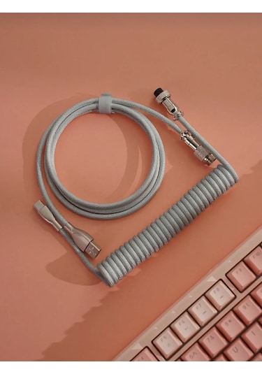 Mekanik Klavyeler İle Uyumlu Coiled Cable- Örgülü Sarmal Type-c Klavye Kablosu Gri