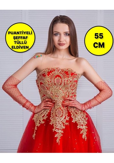 Uzun Boy Kırmızı Puantiyeli Kırmızı Renk Yetişkin Tül Eldiven 55 Cm Çok Renkli