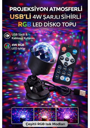 Rgb Led Disko Topu Usb Şarjlı Projeksiyon Işığı 360 Döner Renkli Parti Atmosfer Lambası