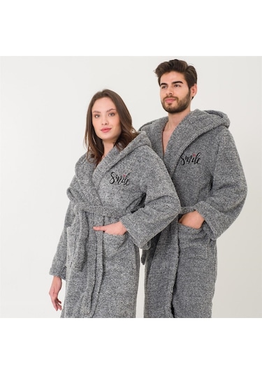 Uzun Kapüşonlu Welsoft Sabahlık Aile Seti-Gri