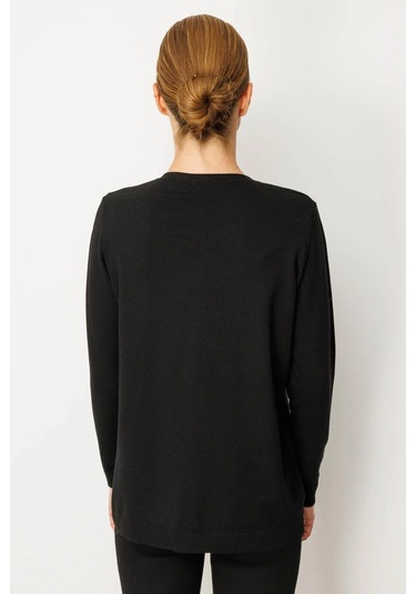 Desen Triko Kadın Sıfır Yaka Yakası Çiçek Nakış İşlemeli Bluz 25094 Siyah Siyah