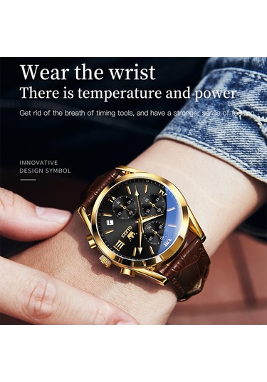 Olevs 2872 Erkekler Üç Göz Altı İğne Kronograf Su Geçirmez Kuvars Saat Siyah + Altın