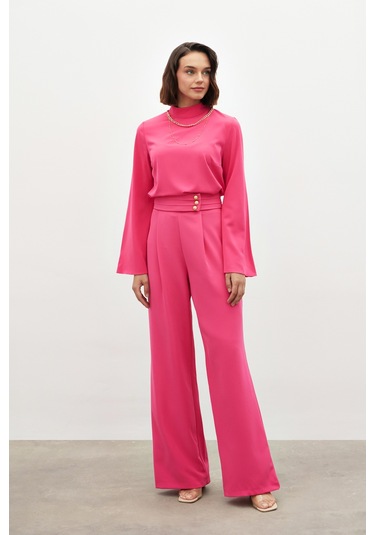 Sateen Bel Detaylı Pantolon - Pembe-134553 Pembe
