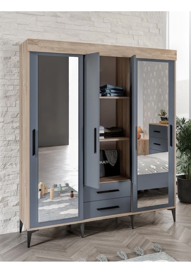 İzmir Cocuk Odası Takımı Tamamı Mdf Aynalı 3 Parça Antrasit - Flora