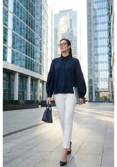 Lela Regular Fit Dikiş Detaylı Düz Yaka Balon Kol Bayan Gömlek 611Go00003 Lacivert