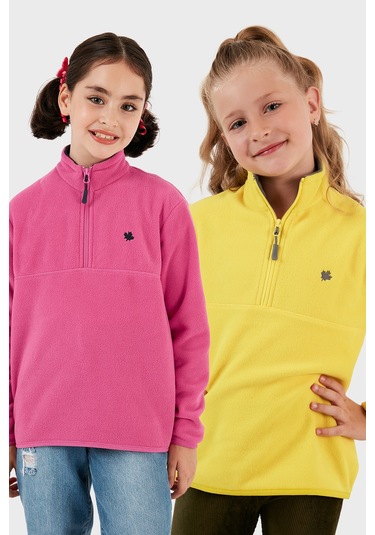 Lela Yumuşak Dokulu Fermuarlı Dik Yaka Şardonlu 2'Li Paket Çocuk Polar 5905002S2 Fuşya-Sarı