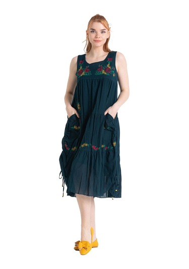 Kolsuz Vual Ahsen Nakışlı Midi Boy Elbise Petrol Ptrl-petrol