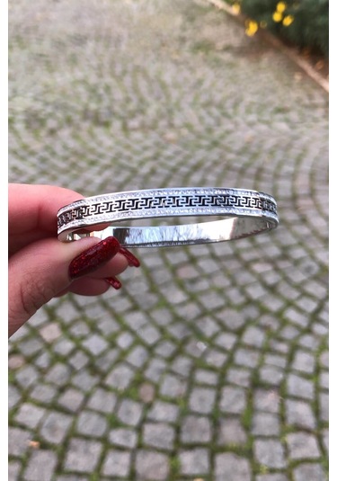 Zirkon Taşlı Desenli Gümüş Renk Çelik Kelepçe