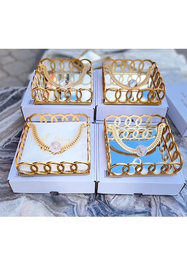 1 Adet Kare Cam Aynalı Plastik Gold Taşlı Peçetelik 18cm