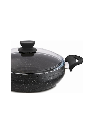 Granit Pro 24 Cm Basık Granit Güveç Tencere Siyah Bakalit Saplı Cam Kapaklı Yapışmaz