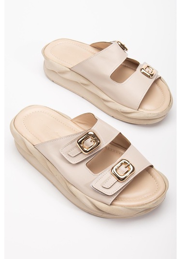 Kadın Dolgu Taban Terlik Bej 2 Bantlı Suni Deri-3847 Bej