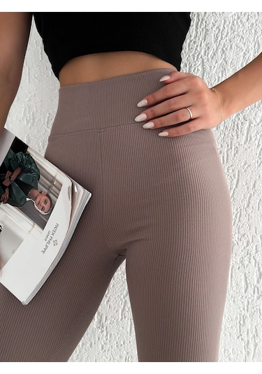 Kadın Içi Polarlı Fitilli Yüksek Bel Toparlayıcı Tayt Vizon