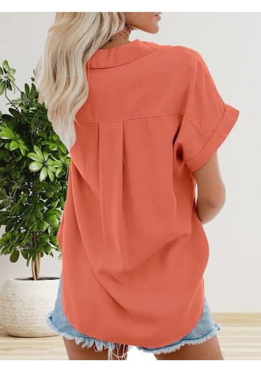 Kadın Kısa Kollu V Yakalı Önden Düğmeli Dokuma Gömlek Turuncu