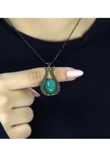 Doğal Taş Yeşil Akik Doğal Taşlı Lale Modelli Antik Kadın Kolye Euk44ya Yeşil