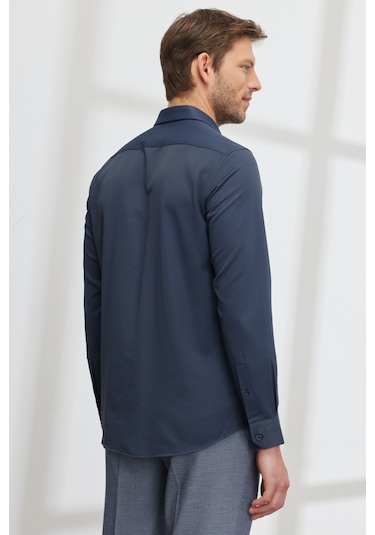 AC&Co / Altınyıldız Classics Erkek LACI Kolay Ütülenebilir Slim Fit Dar Kesim İtalyan Yaka Armürlü Gömlek Lacivert