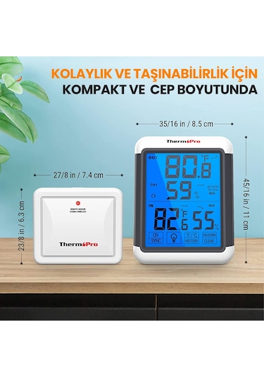 ThermoPro TP65 Dokunmatik Işıklı Geniş Ekran İç ve Dış Mekan (Sensörlü) Dijital Sıcaklık ve Nem Ölçer