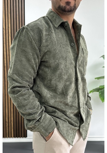 Erkek Kadife Kumaş Gömlek Yeşil Edw415 Yeşil