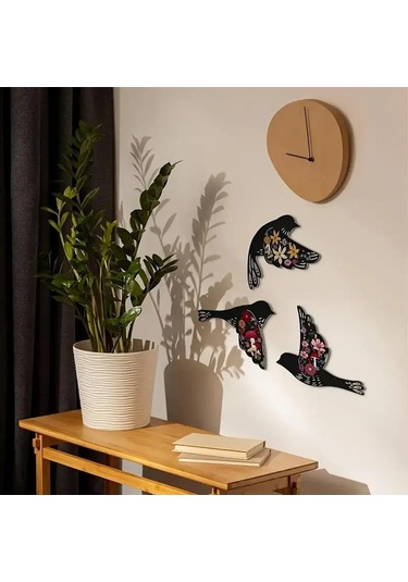 Cajuart Dekoratif Üçlü Siyah Çiçek Motifli Kuşlar Ahşap Duvar Dekoru Tablo Süs