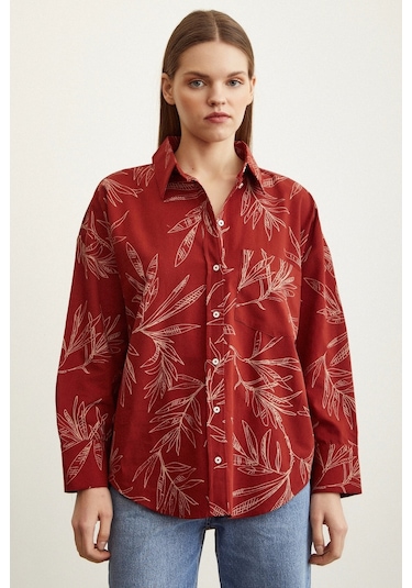 Never More Çiçek Desenli Poplin Gömlek Kiremit
