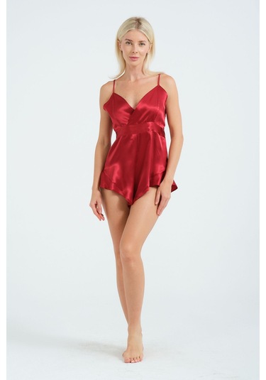 Laperissa Kadın Kırmızı Saten Tulum Fırfır Ve Lastik Detaylı, Askılı, Şık Ev Giyim Ve Gece Stili Kırmızı