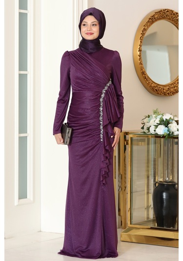 Parıltılı Fırfır Detaylı Zühre Tesettür Abiye Mor