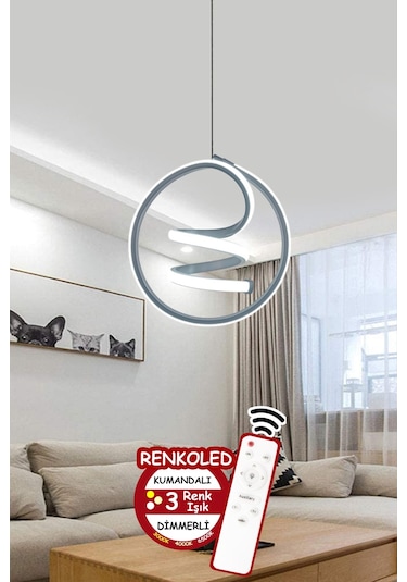 Renkoled Aydınlatma Kumandalı 3 Renk Modern Sarkıt Led Avize Gri - Gümüş