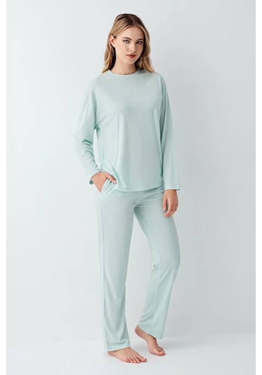 3407-s Kadın Uzun Kol Pijama Takım Açık Yeşil