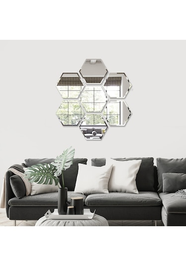 Decorıta Ayna - 7'Li Takım Çiçek Desen Altıgen Ayna Çok Renkli