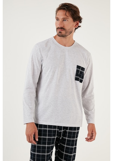 Buratti Ekoseli Cepli Beli Lastikli % 100 Pamuk Regular Fit Erkek Pijama Takımı 6572001 Gri Melanj