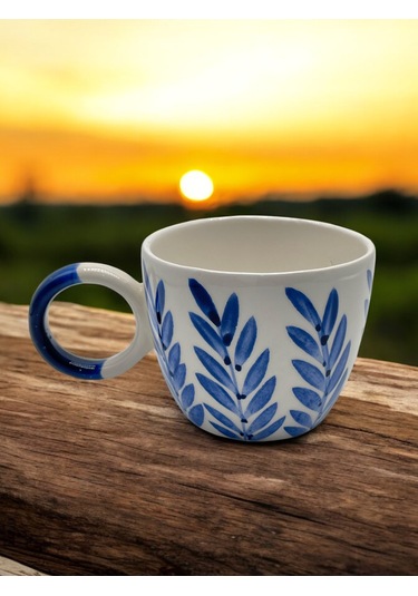 Seramik Kupa Bardak Mavi Yapraklı Tasarım