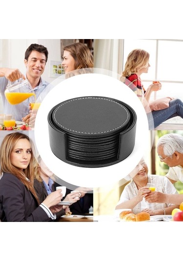 Ulzyvf Yuvarlak Siyah Siyah Seti Mutfak Kullanımı Deri Bardak Bardak Altlığı Altlığı 6'lı Sa Siyah