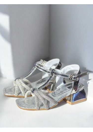 Kız Çocuk Deri Ortopedik Taşlı Topuklu Ayakkabı-15742 Gümüş