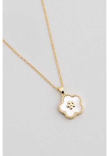 So Chic Sedef Çiçeği 18 Ayar Beyaz Altın Kaplama 43 Cm Gümüş Minimal Kolye