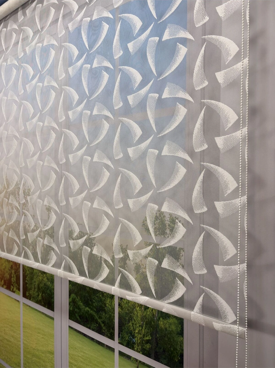 Nova Serisi Üç Yaprak Desenli Çift Mekanizmalı Beyaz Tül Mavi Stor Perde Mavi