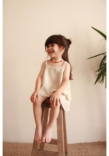 Bej Çizgili Volanlı Kız Askılı Ve Şort Takım KREM