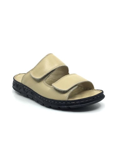 Taşpınar 204 %100 Hakiki Deri Ortopedik Erkek Yazlık Rahat Terlik Ayarlanabilir Cırtlı Bej