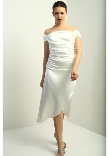 Kadın Madonna Yaka Drapeli Asimetrik Saten Kısa Elbise Ekru