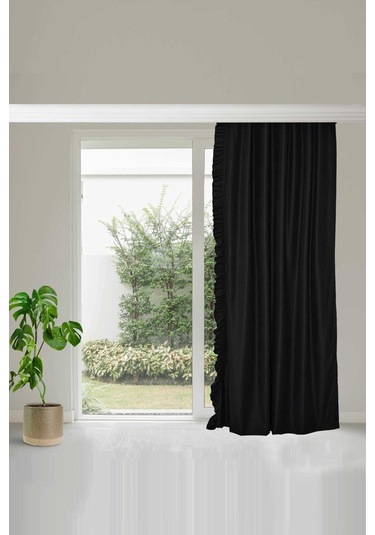 Fırfırlı Vintage Kadifemsi Dertsiz Pamuk Keten Perde En X Boy - Tek Kanat Siyah