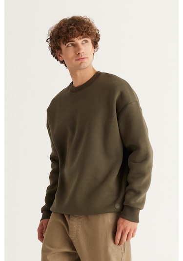 AC&Co / Altınyıldız Classics Erkek Hakı Oversize Fit Bol Kesim Pamuklu İçi Polarlı Bisiklet Yaka Sweatshirt Haki