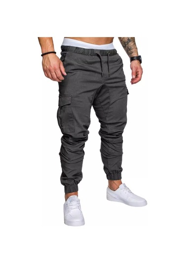 Erkek İlkbahar Ve Sonbahar Uzun Pantolon Moda Günlük İpli Elastik Pantolon Düz Renk Cepli Pantolon Koyu Gri