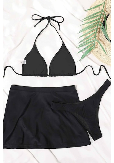 Angelsin Deniz Etekli 3 Lü Bikini Takım Çıkartılabilir Kaplı Siyah
